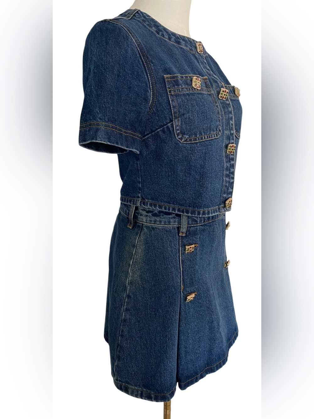 Self-Portrait Dark Blue Denim Short Sleeve Two-Piece Dress Set - Picture 7 of 13